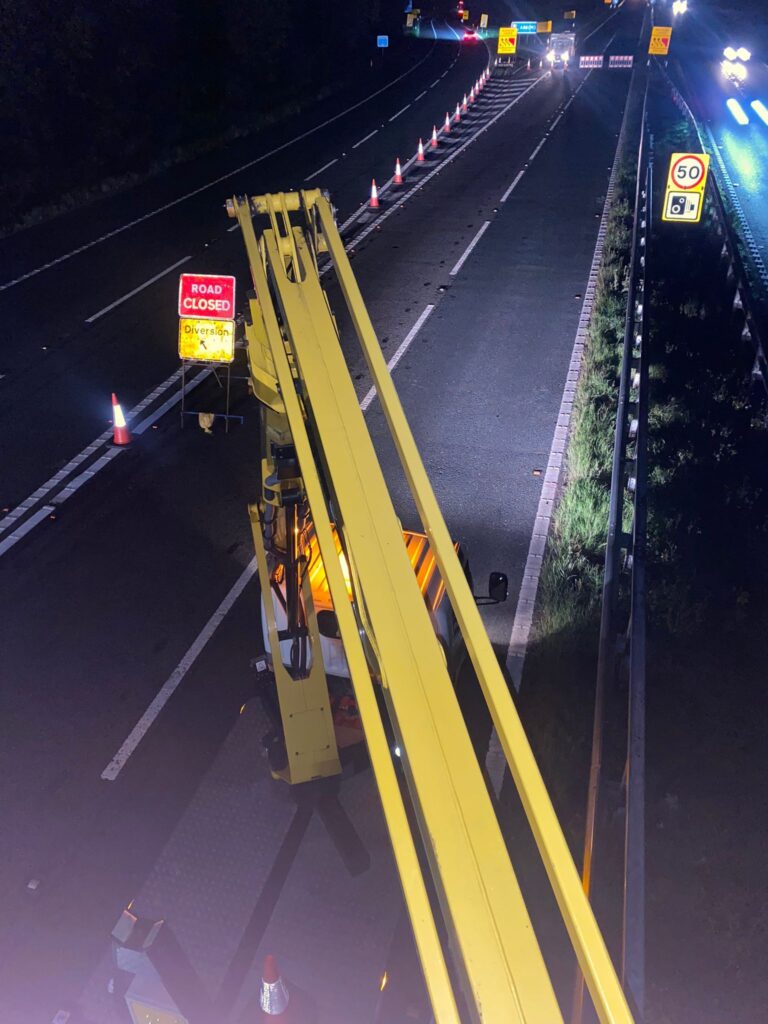 Truck-mounted platform working at night 